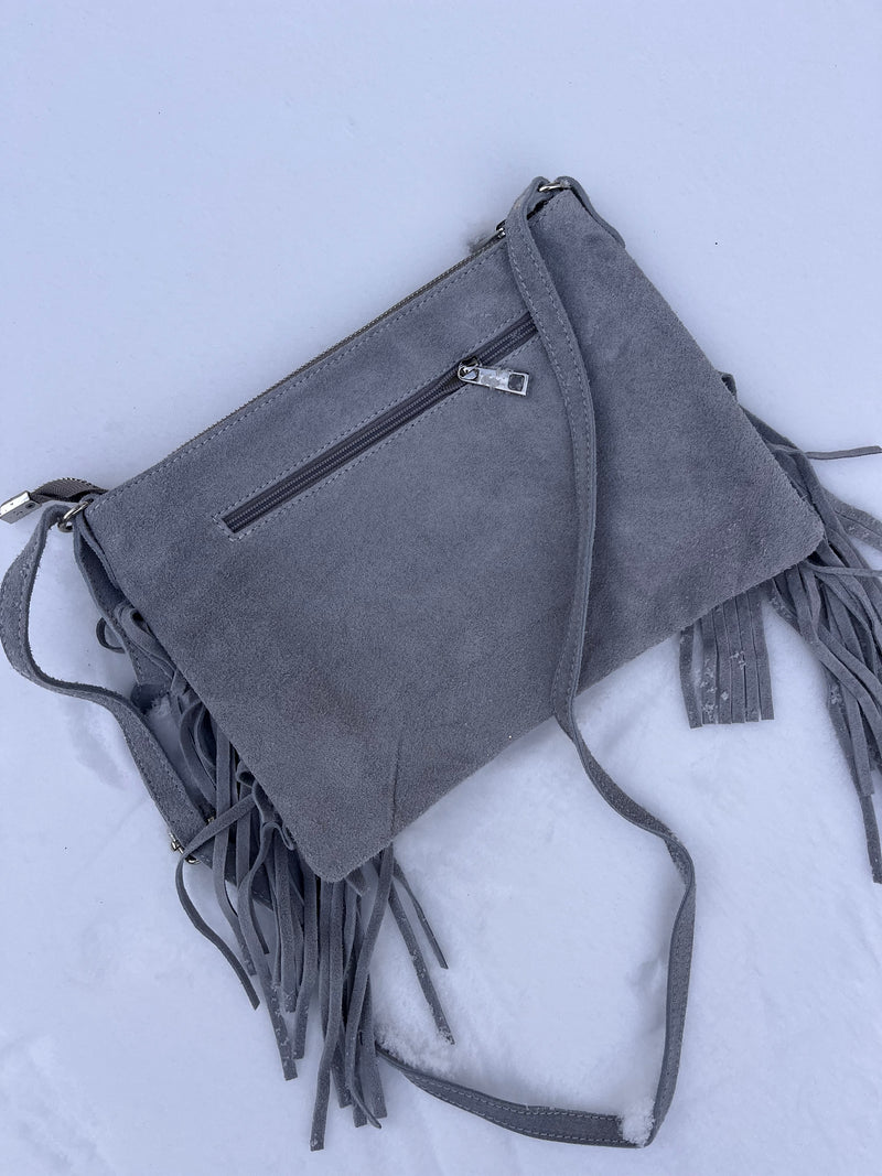 SAC À FRANGE GRIS CUIR