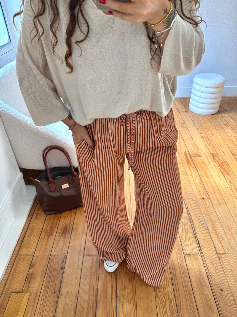 PANTALON RAYÉ GAZE DE COTON TERRACOTTA