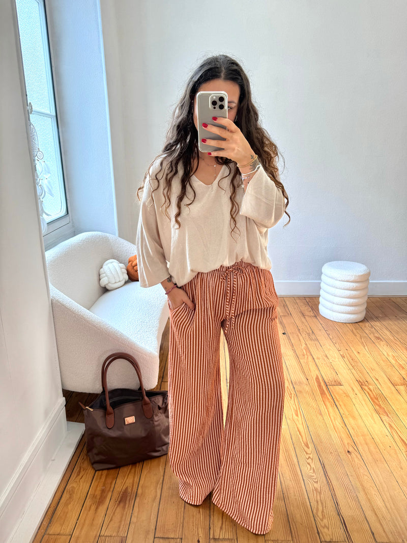 PANTALON RAYÉ GAZE DE COTON TERRACOTTA