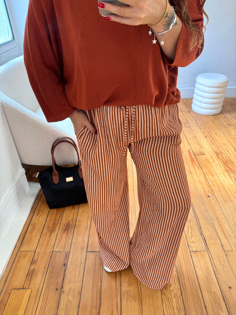 PANTALON RAYÉ GAZE DE COTON TERRACOTTA