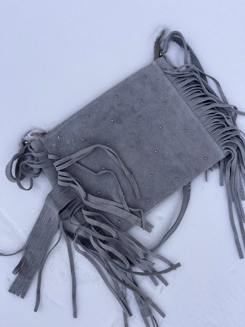 SAC À FRANGE GRIS CUIR