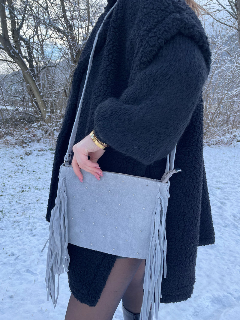 SAC À FRANGE GRIS CUIR