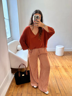 PANTALON RAYÉ GAZE DE COTON TERRACOTTA